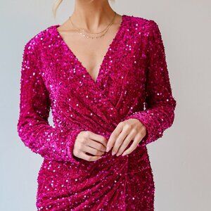 Sequin Surplice Long Sleeve Mini Dress | Cocktail Ruched Stretchy Dress